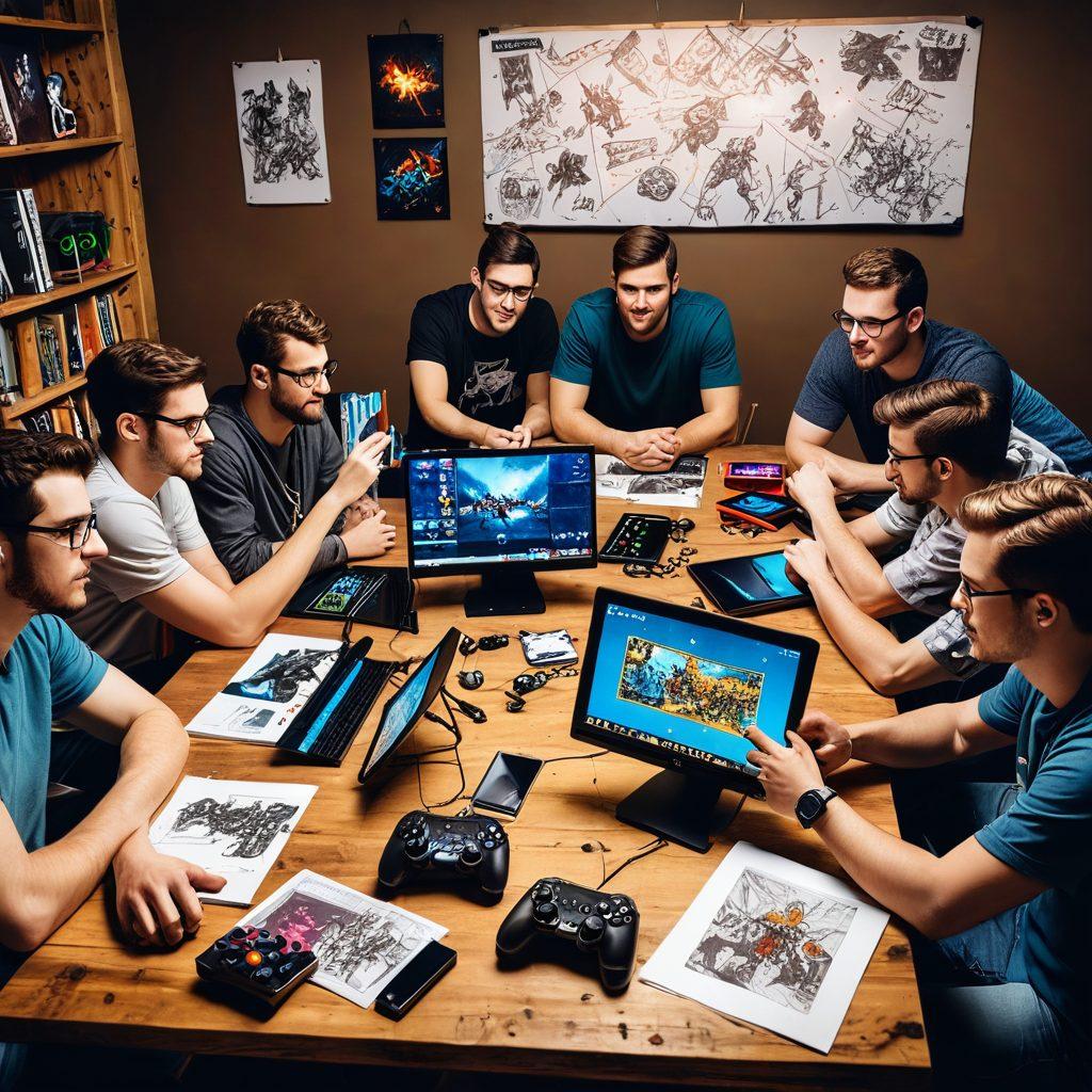 A vibrant and dynamic scene showcasing a diverse group of gamers passionately discussing at a rustic wooden table filled with colorful game modding tools, sketches of game levels, and digitally-enhanced screens displaying modified games. In the background, a wall covered with posters of popular video games and a brainstorming whiteboard filled with creative ideas. The atmosphere is energetic and inspiring, illustrating collaboration and creativity in game modding. super-realistic. vibrant colors. 3D.