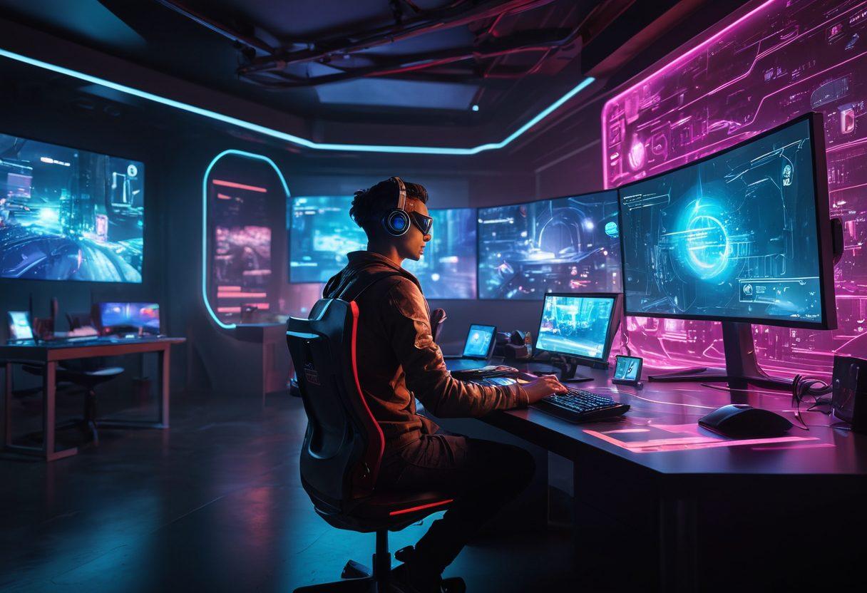 A vibrant scene depicting a game developer at their desk, surrounded by holographic displays of game worlds, character models, and code snippets. Include elements representing transformation, like a light bulb morphing into a game avatar. The background should feature virtual reality elements and a gaming console. Capture the essence of creativity and technical expertise. cyberpunk. vibrant colors. 3D.